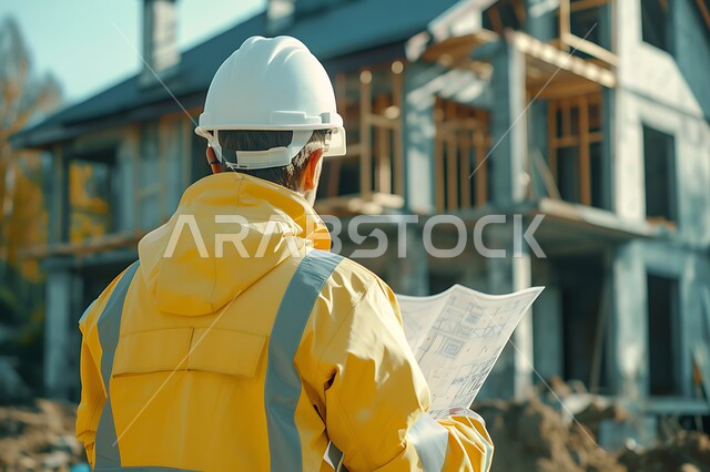 Working in the field of structural engineering, supervising the progress of excavation and construction works, a picture from the back of a Saudi Arabian Gulf engineer following up on plans at the work site, wearing the work protective clothing and helmet, following up on the implementation of architectural projects, Saudi professions and jobs