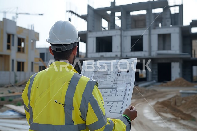 Working in the field of structural engineering, supervising the progress of excavation and construction works, a picture from the back of a Saudi Arabian Gulf engineer following up on plans at the work site, wearing the work protective clothing and helmet, following up on the implementation of architectural projects, Saudi professions and jobs