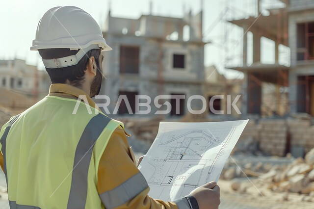 Working in the field of structural engineering, supervising the progress of excavation and construction works, a picture from the back of a Saudi Arabian Gulf engineer following up on plans at the work site, wearing the work protective clothing and helmet, following up on the implementation of architectural projects, Saudi professions and jobs