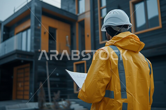Working in the field of structural engineering, supervising the progress of excavation and construction works, a picture from the back of a Saudi Arabian Gulf engineer following up on plans at the work site, wearing the work protective clothing and helmet, following up on the implementation of architectural projects, Saudi professions and jobs