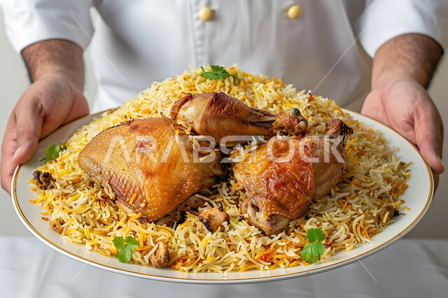 وصفات الطعام الصحية الشهية، صحن من رز الكبسة مع الخضراوات، فنون تقديم الطعام في المطاعم الشرقية، مأكولات وأطباق عربية تقليدية، طبق من أرز البرياني المطهي