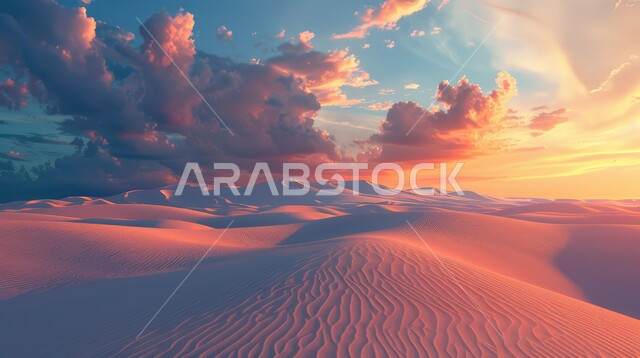 التكوينات والتشكلات الرملية في صحراء المملكة العربية السعودية، التضاريس و المرتفعات والقمم الجبلية في البراري، مناطق البادية والبيئة الطبيعية الصحراوية وقت غروب الشمس، الكثبان والتلال من الرمال الناعمة الذهبية، خلفية السماء الملبدة بالغيوم