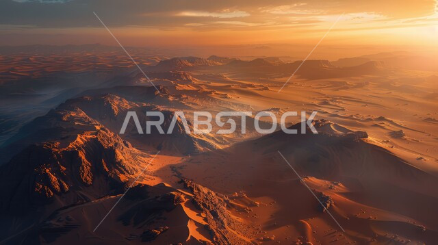 التضاريس و المرتفعات والقمم في البراري، التكوينات والتشكلات الرملية في صحراء المملكة العربية السعودية، مناطق البادية والبيئة الطبيعية الصحراوية وقت غروب الشمس، الكثبان والتلال من الرمال الناعمة الذهبية، خلفية السماء الملبدة بالغيوم