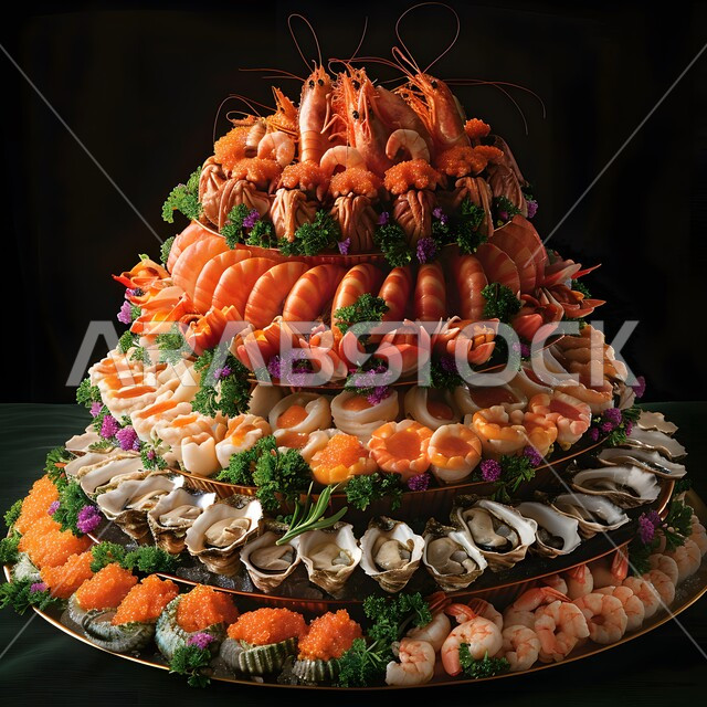 فنون تقديم الطعام في المطابخ والمطاعم السعودية، الأطباق والمقابلات والأصناف العربية الشرقية اللذيذة، وجبات غذائية صحية غنية بالبروتين، المأكولات البحرية الشهية، تقديم الأطعمة بطريقة عصرية ومبتكرة، بورتريه مقربة لطبق كبير من الجمبري والمحار