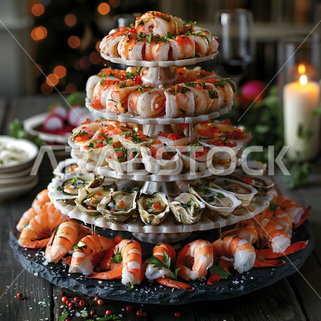 بورتريه مقربة لطبق كبير من الجمبري والمحار، فنون تقديم الطعام في المطابخ والمطاعم السعودية، الأطباق والمقابلات والأصناف العربية الشرقية اللذيذة، وجبات غذائية صحية غنية بالبروتين، مائدة طعام مليئة بالمأكولات البحرية الشهية، تقديم الأطعمة بطريقة عصرية ومبتكرة