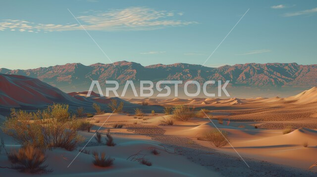  مناطق البادية والبيئة الطبيعية الصحراوية الجافة، الكثبان والتلال من الرمال الناعمة الذهبية، التضاريس و المرتفعات والقمم في البراري، التكوينات والتشكلات الرملية في صحراء المملكة العربية السعودية، خلفية السماء الزرقاء الصافية