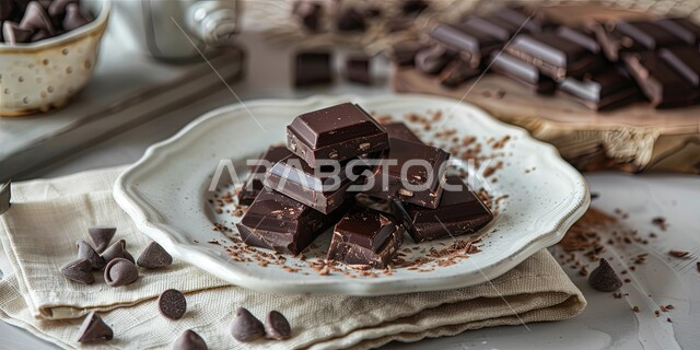  ألواح الشوكولا البنية بالكاكاو والبندق، صناعة وإعداد الحلويات, مجموعة من قطع الشوكولاته الداكنة مرتبة في طبق أبيض اللون، تقديم السكريات في المناسبات والأعياد، حلا شرقي شهي