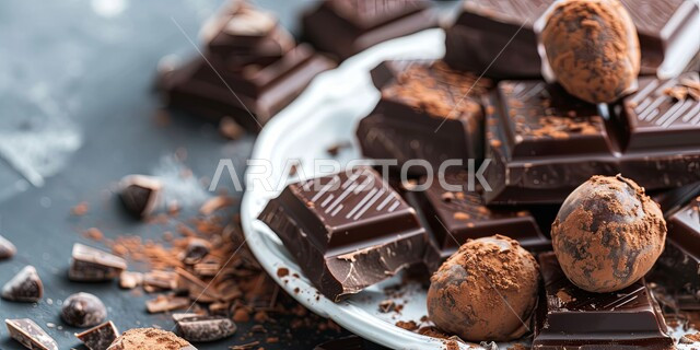 Brown chocolate bars with cocoa and hazelnuts, making and preparing sweets, a group of dark chocolate pieces arranged in a white plate, serving sweets on occasions and holidays, a delicious oriental dessert