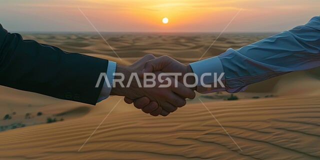 مفهوم الصفح والتسامح, إلقاء السلام والتحية, صورة مقربة ليدي رجلين عربيين خليجيين سعوديين يرتدي أحدهما الثوب التقليدي  والآخر البدلة الرسمة يتصافحان سوياً, بناء العلاقات الاجتماعية المتينة في المجتمع السعودي، عقد اتفاقات العمل في المملكة، خلفية الرمال بالصحراء 