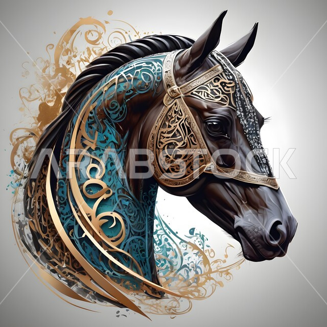 مجسم ثلاثي الأبعاد لجواد عربي أصيل، رسومات ثري دي، تصميم لخيل منحوت من الرخام ومزخرف بالمعادن الذهبية والفضية المميزة، الشغف بتربية الخيول العربية والفروسية، توارث حب ورعاية الجياد من الأجداد في المملكة العربية السعودية، رمز الأصالة والعروبة، خلفية رمادية