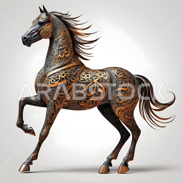 مجسم ثلاثي الأبعاد لجواد عربي أصيل، رسومات ثري دي، تصميم لخيل منحوت من الرخام ومزخرف بالمعادن الذهبية والفضية المميزة، الشغف بتربية الخيول العربية والفروسية، توارث حب ورعاية الجياد من الأجداد في المملكة العربية السعودية، رمز الأصالة والعروبة، خلفية رمادية