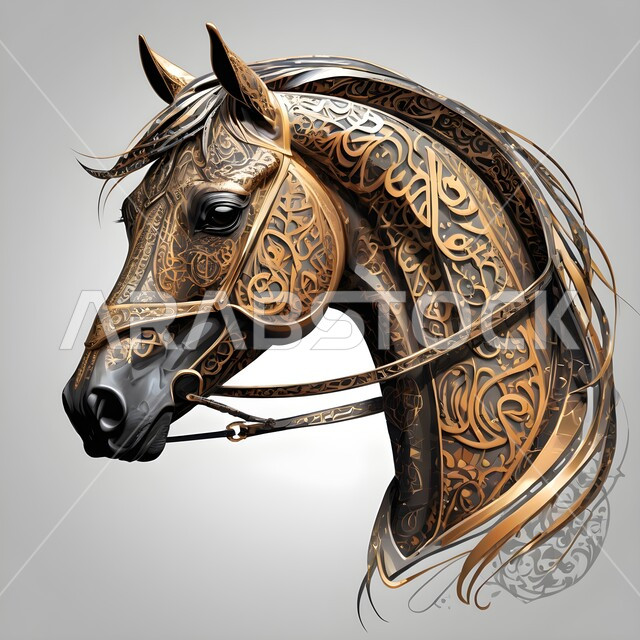 مجسم ثلاثي الأبعاد لجواد عربي أصيل، رسومات ثري دي، تصميم لخيل منحوت من الرخام ومزخرف بالمعادن الذهبية والفضية المميزة، الشغف بتربية الخيول العربية والفروسية، توارث حب ورعاية الجياد من الأجداد في المملكة العربية السعودية، رمز الأصالة والعروبة، خلفية رمادية