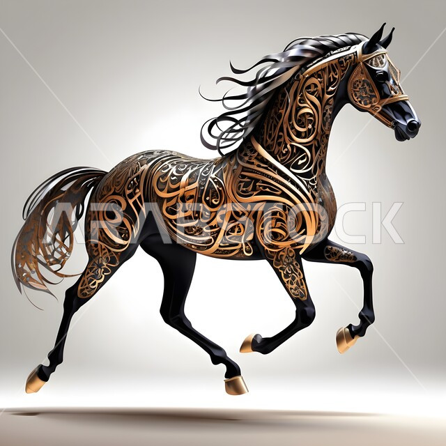 3D model of a purebred Arabian horse, 3D graphics, design of a horse carved from marble and decorated with distinctive gold and silver metals, passion for breeding Arabian horses and equestrianism, inheritance of love and care for horses from ancestors in the Kingdom of Saudi Arabia, symbol of authenticity and Arabism, gray background
