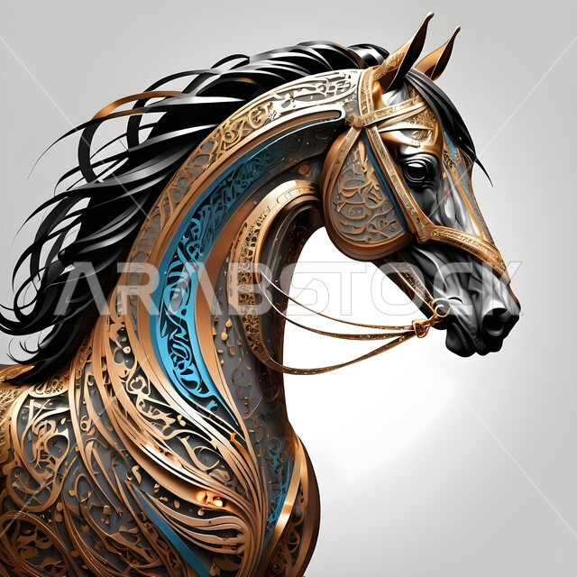 3D model of a purebred Arabian horse, 3D graphics, design of a horse carved from marble and decorated with distinctive gold and silver metals, passion for breeding Arabian horses and equestrianism, inheritance of love and care for horses from ancestors in the Kingdom of Saudi Arabia, symbol of authenticity and Arabism, gray background