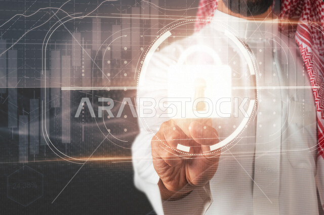 صورة مقربة ليد رجل خليجي سعودي ، يضغط بأصبعه  لفك قفل الامان  لموبايل بتقنية الهولوجرام ، مجموعة من الأشكال و الاطارات الهندسية بتقنية الهولوجرام ، استخدام خاصية الهولوجرام ثلاثية الأبعاد .