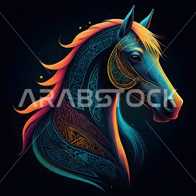 رسومات ثري دي لفرس بألوان زاهية، تصميم لخيل منحوت ومزخرف بالمعادن الذهبية والفضية المميزة، الشغف بتربية الخيول العربية والفروسية، توارث حب ورعاية الجياد من الأجداد في المملكة العربية السعودية، رمز الأصالة والعروبة، خلفية سوداء