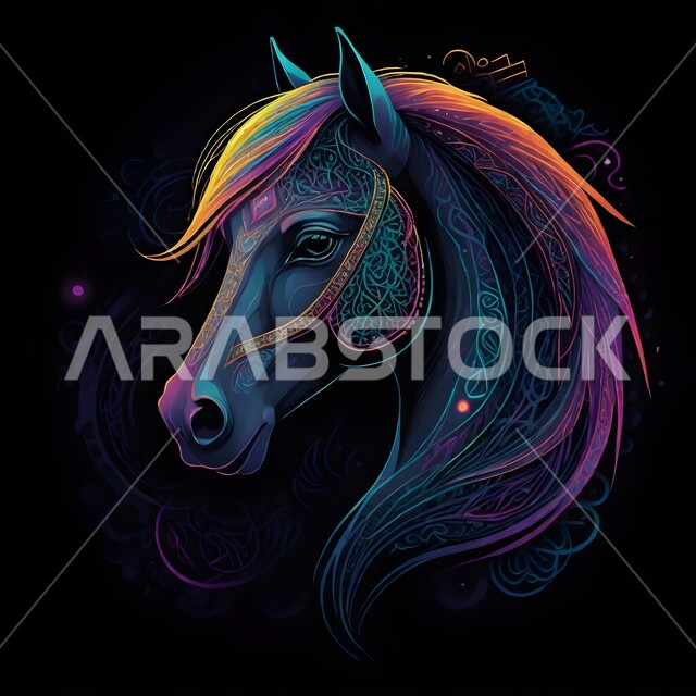 رسومات ثري دي لفرس بألوان زاهية، تصميم لخيل منحوت ومزخرف بالمعادن الذهبية والفضية المميزة، الشغف بتربية الخيول العربية والفروسية، توارث حب ورعاية الجياد من الأجداد في المملكة العربية السعودية، رمز الأصالة والعروبة، خلفية سوداء