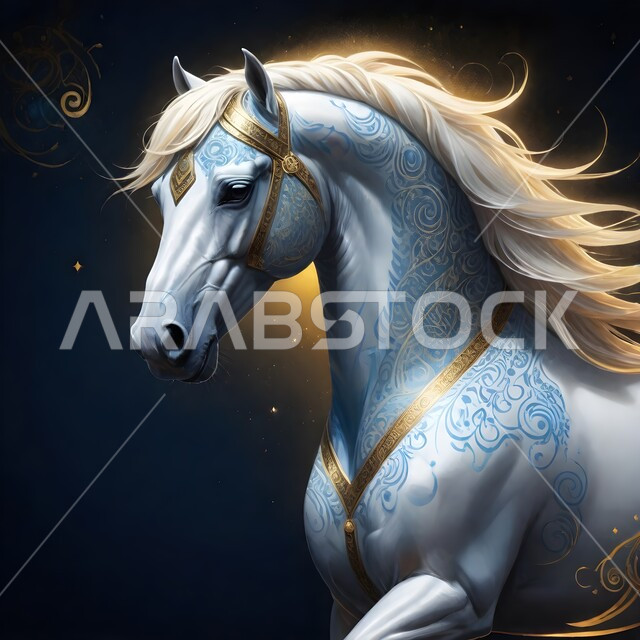 مجسم ثلاثي الأبعاد لفرس بيضاء أصيلة، رسومات ثري ديو تصاميم لخيل عربية بألوان مميزة، الشغف بتربية الخيول العربية والفروسية، توارث حب ورعاية الجياد من الأجداد في المملكة العربية السعودية، رمز الأصالة والعروبة، خلفية سوداء