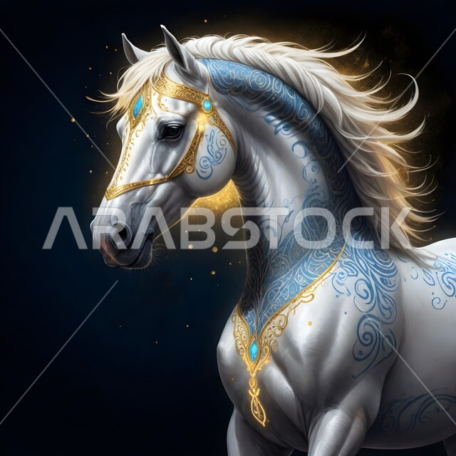 3D model of a purebred white mare, 3D graphics designs of Arabian horses in distinctive colors, passion for breeding Arabian horses and equestrianism, inheritance of love and care for horses from ancestors in the Kingdom of Saudi Arabia, symbol of authenticity and Arabism, black background