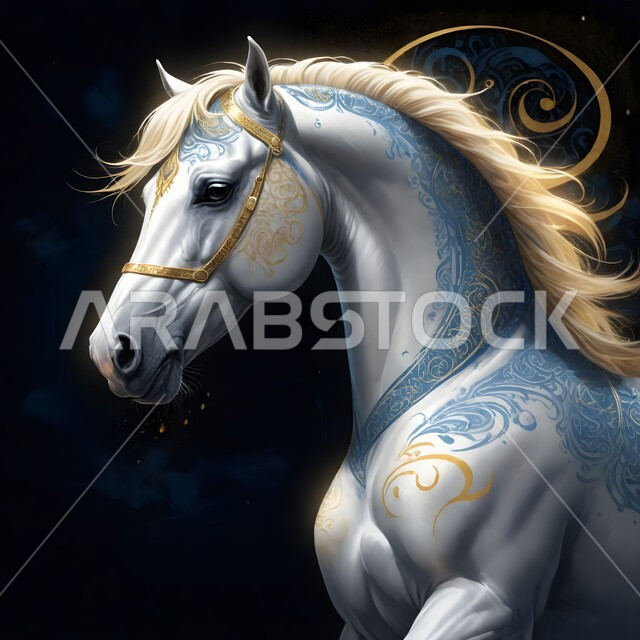 مجسم ثلاثي الأبعاد لفرس بيضاء أصيلة، رسومات ثري ديو تصاميم لخيل عربية بألوان مميزة، الشغف بتربية الخيول العربية والفروسية، توارث حب ورعاية الجياد من الأجداد في المملكة العربية السعودية، رمز الأصالة والعروبة، خلفية سوداء