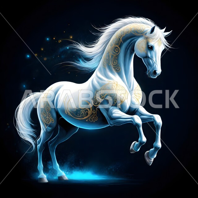 مجسم ثلاثي الأبعاد لفرس بيضاء أصيلة، رسومات ثري ديو تصاميم لخيل عربية بألوان مميزة، الشغف بتربية الخيول العربية والفروسية، توارث حب ورعاية الجياد من الأجداد في المملكة العربية السعودية، رمز الأصالة والعروبة، خلفية سوداء