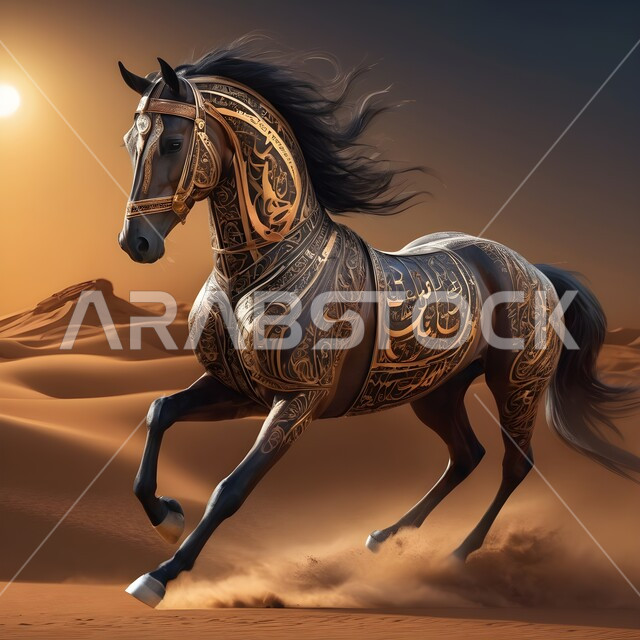 الشغف بتربية الخيول العربية والفروسية، توارث حب ورعاية الجياد من الأجداد في المملكة العربية السعودية، مجسم ثلاثي الأبعاد لجواد عربي أصيل، رسومات ثري دي لحصان عريق، تصميم لخيل منحوت من الرخام ومزخرف بالمعادن الذهبية والفضية المميزة، رمز الأصالة والعروبة