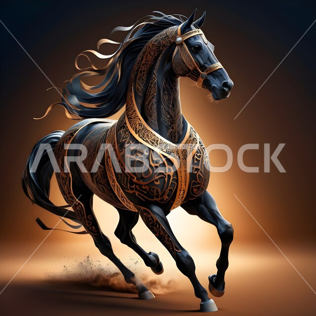 الشغف بتربية الخيول العربية والفروسية، توارث حب ورعاية الجياد من الأجداد في المملكة العربية السعودية، مجسم ثلاثي الأبعاد لجواد عربي أصيل، رسومات ثري دي لحصان عريق، تصميم لخيل منحوت من الرخام ومزخرف بالمعادن الذهبية والفضية المميزة، رمز الأصالة والعروبة