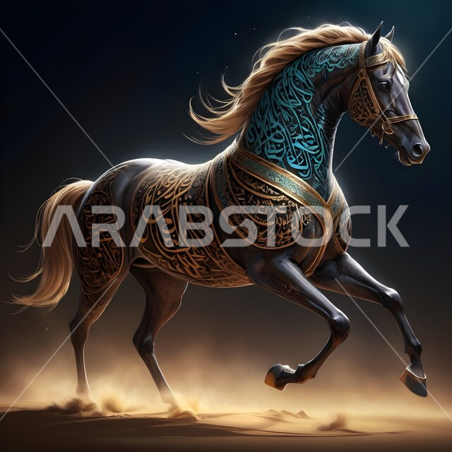 الشغف بتربية الخيول العربية والفروسية، توارث حب ورعاية الجياد من الأجداد في المملكة العربية السعودية، مجسم ثلاثي الأبعاد لجواد عربي أصيل، رسومات ثري دي لحصان عريق، تصميم لخيل منحوت من الرخام ومزخرف بالمعادن الذهبية والفضية المميزة، رمز الأصالة والعروبة