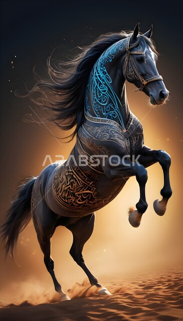 A symbol of authenticity and Arabism, a passion for breeding Arabian horses and equestrianism, inheriting the love and care of horses from our ancestors in the Kingdom of Saudi Arabia, a three-dimensional model of a purebred Arabian horse, 3D drawings of an ancient horse, a design of a horse sculpted and decorated with distinctive gold and silver metals