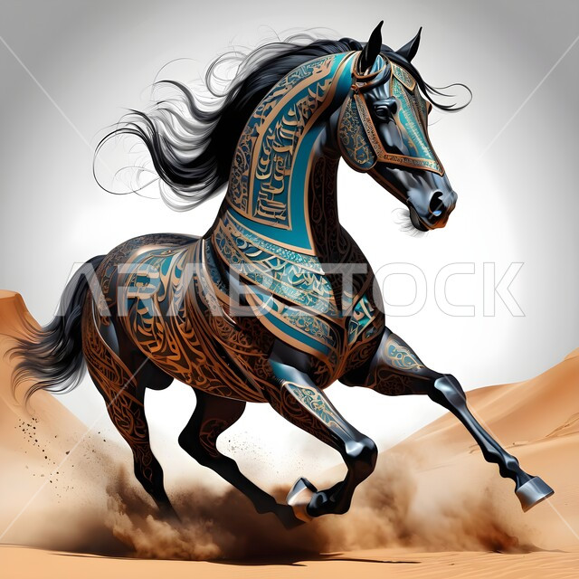 A symbol of authenticity and Arabism, a passion for breeding Arabian horses and equestrianism, inheriting the love and care of horses from our ancestors in the Kingdom of Saudi Arabia, a three-dimensional model of a purebred Arabian horse, 3D drawings of an ancient horse, a design of a horse sculpted and decorated with distinctive gold and silver metals