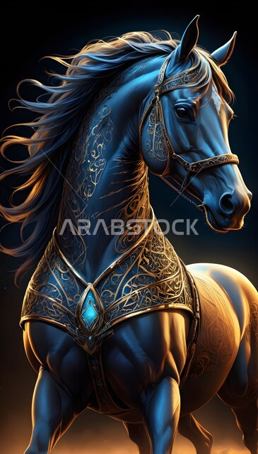 خيل أصيل يعدو ويستغرض قوته فوق الرمال الذهبية، رمز الأصالة والعروبة، الشغف بتربية الخيول العربية والفروسية، توارث حب ورعاية الجياد من الأجداد في المملكة العربية السعودية، مجسم ثلاثي الأبعاد لجواد عربي، رسومات ثري دي لحصان أسود