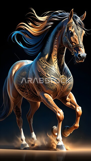 A purebred horse galloping and gaining strength over the golden sands, a symbol of authenticity and Arabism, a passion for breeding Arabian horses and equestrianism, the inheritance of the love and care of horses from ancestors in the Kingdom of Saudi Arabia, a three-dimensional model of an Arabian horse, 3D drawings of a black horse