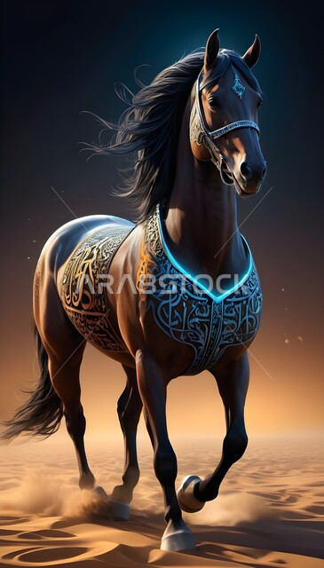 خيل أصيل يعدو ويستغرض قوته فوق الرمال الذهبية، رمز الأصالة والعروبة، الشغف بتربية الخيول العربية والفروسية، توارث حب ورعاية الجياد من الأجداد في المملكة العربية السعودية، مجسم ثلاثي الأبعاد لجواد عربي، رسومات ثري دي لحصان أسود