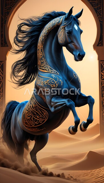 A purebred horse galloping and gaining strength over the golden sands, a symbol of authenticity and Arabism, a passion for breeding Arabian horses and equestrianism, the inheritance of the love and care of horses from ancestors in the Kingdom of Saudi Arabia, a three-dimensional model of an Arabian horse, 3D drawings of a black horse