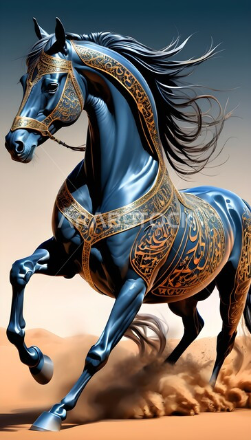 خيل أصيل يعدو ويستغرض قوته فوق الرمال الذهبية، رمز الأصالة والعروبة، الشغف بتربية الخيول العربية والفروسية، توارث حب ورعاية الجياد من الأجداد في المملكة العربية السعودية، مجسم ثلاثي الأبعاد لجواد عربي، رسومات ثري دي لحصان أسود