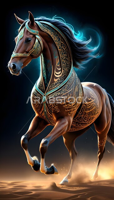 جواد أسود أصيل يعدو ويستغرض قوته فوق الرمال الذهبية، رمز الأصالة والعروبة، الشغف بتربية الخيول العربية والفروسية، توارث حب ورعاية الجياد من الأجداد في المملكة العربية السعودية، مجسم ثلاثي الأبعاد لحصان عربي مزخرف بزخارف ونقوش مميزة