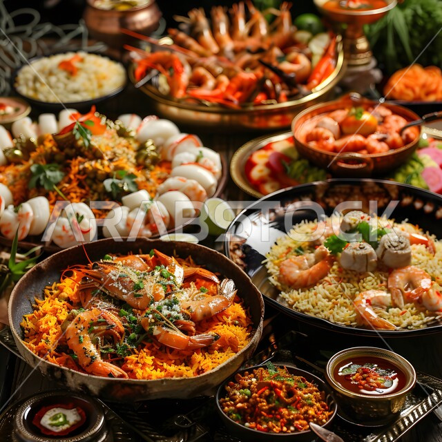 سفرة من الباربكيو الشعبية الشهية, وجبات غذائية صحية غنية بالبروتين, الأساليب الفنية في تقديم الطعام, المقبلات والأطباق العربية الشرقية اللذيذة, مائدة مليئة بالأكلات وأصناف اللحوم المشوية, صورة مقربة لطبق مأكولات بحرية مع الأرز والزينة