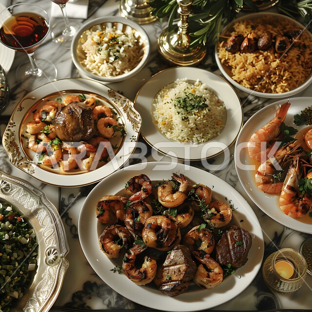 سفرة من الباربكيو الشعبية الشهية, وجبات غذائية صحية غنية بالبروتين, الأساليب الفنية في تقديم الطعام, المقبلات والأطباق العربية الشرقية اللذيذة, مائدة مليئة بالأكلات وأصناف اللحوم المشوية, صورة مقربة لطبق مأكولات بحرية مع الأرز والزينة