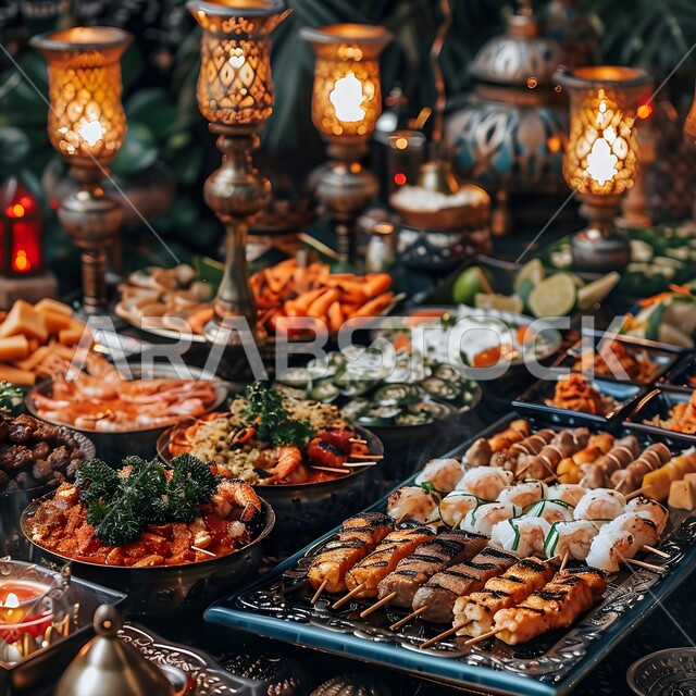 سفرة من الباربكيو الشعبية الشهية, وجبات غذائية صحية غنية بالبروتين, الأساليب الفنية في تقديم الطعام, المقبلات والأطباق العربية الشرقية اللذيذة, مائدة مليئة بالأكلات وأصناف اللحوم المشوية, صورة مقربة لطبق مأكولات بحرية مع الأرز والزينة