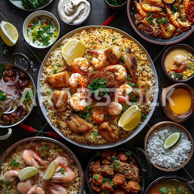 سفرة من الباربكيو الشعبية الشهية, وجبات غذائية صحية غنية بالبروتين, الأساليب الفنية في تقديم الطعام, المقبلات والأطباق العربية الشرقية اللذيذة, مائدة مليئة بالأكلات وأصناف اللحوم المشوية, صورة مقربة لطبق مأكولات بحرية مع الأرز والزينة