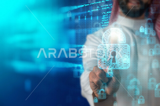 Close-up of the hand of a Saudi Gulf man, pressing his finger to unlock the hologram security lock, a set of volatile hologram locks, using the 3D hologram feature.