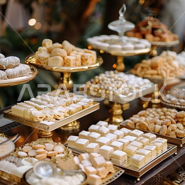 بوفيه مفتوح من الحلوى العربية الشهية, فنون تقديم الحلى في المطاعم العربية, ضيافة الأعياد والمناسبات في المملكة العربية السعودية, أكلات غنية بالسكريات والسعرات الحرارية, صورة مقربة لمائدة مملوءة بالحلويات اللذيذة، أصناف وأنواع مختلفة ومتنوعة من الحلا الشرقي