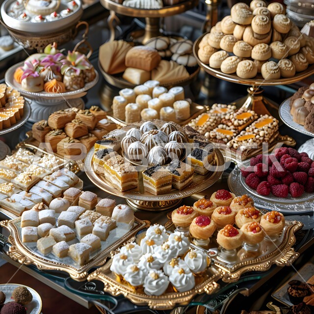 أصناف وأنواع مختلفة ومتنوعة من الحلا الشرقي، ضيافة الأعياد والمناسبات في المملكة العربية السعودية, بوفيه مفتوح من الحلوى العربية الشهية, فنون تقديم الحلى في المطاعم العربية, أكلات غنية بالسكريات والسعرات الحرارية, صورة مقربة لمائدة مملوءة بالحلويات اللذيذة