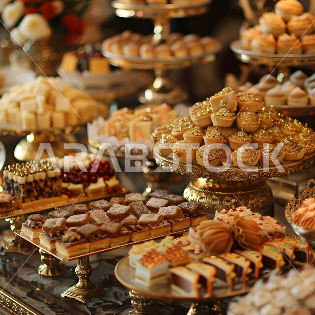 أصناف وأنواع مختلفة ومتنوعة من الحلا الشرقي، ضيافة الأعياد والمناسبات في المملكة العربية السعودية, بوفيه مفتوح من الحلوى العربية الشهية, فنون تقديم الحلى في المطاعم العربية, أكلات غنية بالسكريات والسعرات الحرارية, صورة مقربة لمائدة مملوءة بالحلويات اللذيذة