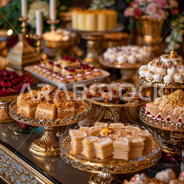 أصناف وأنواع مختلفة ومتنوعة من الحلا الشرقي، ضيافة الأعياد والمناسبات في المملكة العربية السعودية, بوفيه مفتوح من الحلوى العربية الشهية, فنون تقديم الحلى في المطاعم العربية, أكلات غنية بالسكريات والسعرات الحرارية, صورة مقربة لمائدة مملوءة بالحلويات اللذيذة