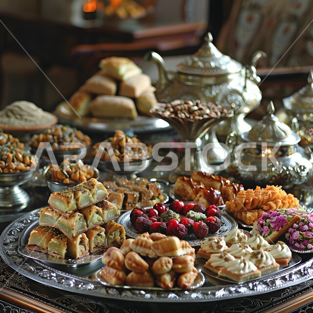 أصناف وأنواع مختلفة ومتنوعة من الحلا الشرقي، ضيافة الأعياد والمناسبات في المملكة العربية السعودية, بوفيه مفتوح من الحلوى العربية الشهية, فنون تقديم الحلى في المطاعم العربية, أكلات غنية بالسكريات والسعرات الحرارية, صورة مقربة لمائدة مملوءة بالحلويات اللذيذة