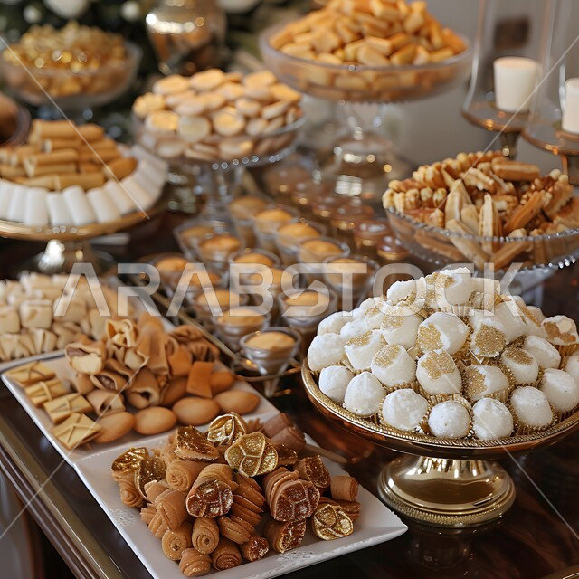 أصناف وأنواع مختلفة ومتنوعة من الحلا الشرقي، ضيافة الأعياد والمناسبات في المملكة العربية السعودية, بوفيه مفتوح من الحلوى العربية الشهية, فنون تقديم الحلى في المطاعم العربية, أكلات غنية بالسكريات والسعرات الحرارية, صورة مقربة لمائدة مملوءة بالحلويات اللذيذة