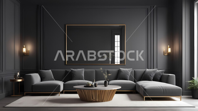 اكسسوارات وتحف عصرية، التصاميم الداخلية لغرف الجلوس المريحة على الطراز الحديث، غرفة معيشة بألوان داكنة مع أثاث منزلي فاخر، الديكورات الداخلية الراقية للفلل والشقق السكنية في المملكة العربية السعودية