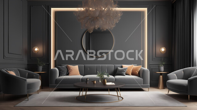 اكسسوارات وتحف عصرية، التصاميم الداخلية لغرف الجلوس المريحة على الطراز الحديث، غرفة معيشة بألوان داكنة مع أثاث منزلي فاخر، الديكورات الداخلية الراقية للفلل والشقق السكنية في المملكة العربية السعودية
