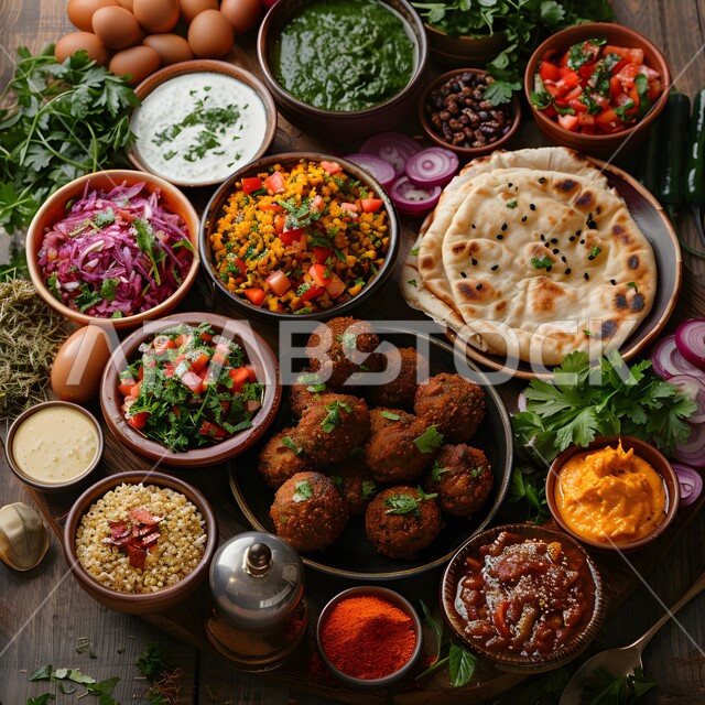 مائدة طعام تحتوي على أنواع مختلفة من الحواضر والمأكولات الشهية الأخرى، سفرة إفطار في الصباح الباكر بأصناف من المأكولات الشهية، اتباع حمية غذائية بسعرات حرارية قليلة، الخضراوات الطازجة للمساعدة على خسارة الوزن، وجبة فطور صحية مليئة بالفوائد والفيتامينات